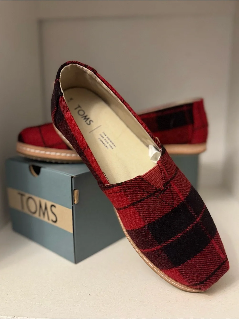 TOMS Red and Black Plaid Canvas Slip-On Flats